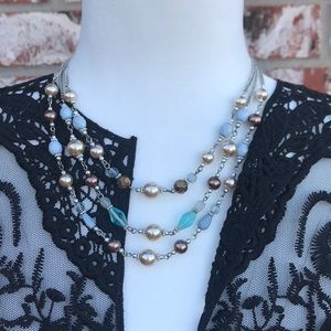 Premier Designs triple layer pearl & aqua necklace